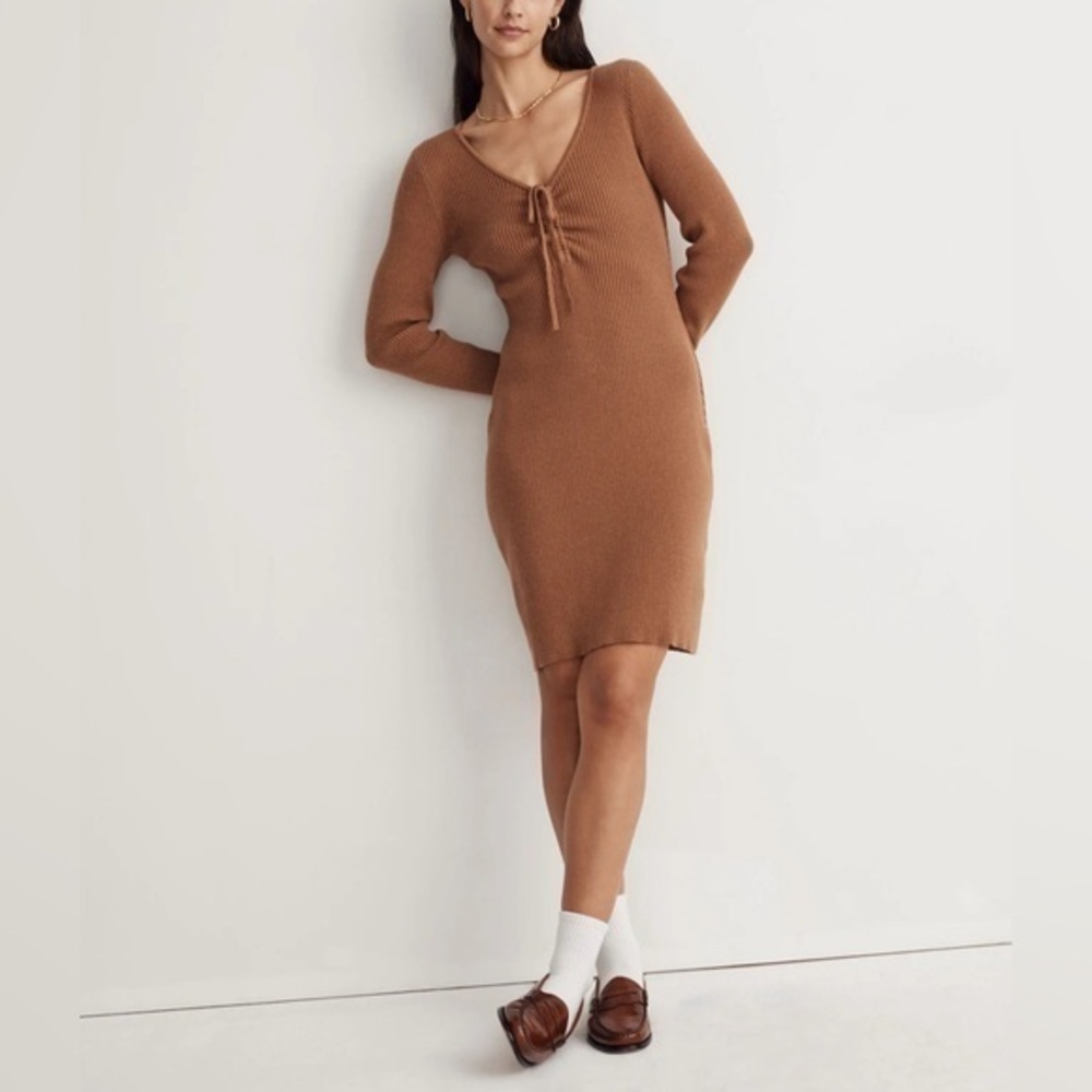 Madewell cottagecore minimalist Normcore Tan Long Sleeve ribbed Dress small